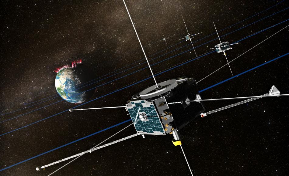 Die THEMIS-Mission war ursprünglich eine Anordnung von fünf NASA-Satelliten (THEMIS A bis THEMIS E) um Energieausstösse der Erdmagnetosphäre. sogenannte Teilstürme (magnetische Phänomene, die Auroren in der Nähe der Pole verstärken) zu studieren. Der Name der Mission ist ein Akronym in Anspielung auf den Titanen Themis. Bild: NASA